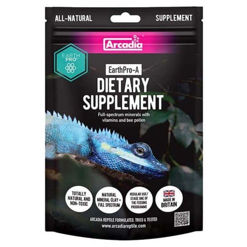 A 350g resealable packet of Arcadia EarthPro-A which is an all natural powdered dietary vitamin supplement designed for all species of reptile. It contains a blend of natural, full-spectrum minerals and vitamins.