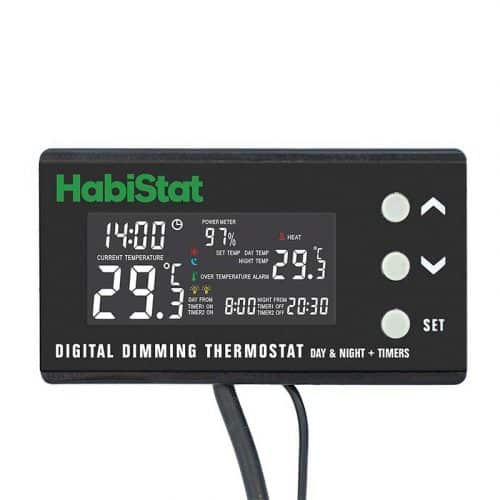 Habistat Digital Dimming Thermostat with Day and Night Timer is a top-of-the-range advanced model designed to provide a continuous temperature control system with separate daytime and nighttime temperature settings, easily programmed on the LED display. The display provides real-time readings of both temperature and time. A power meter constantly displays the heater's power percentage, with a flashing coloured icon indicating the active function. The thermostat features a dedicated timed circuit, allowing control of separate heaters and other equipment such as reptile lighting which allows switching on and off twice within a 24-hour period.