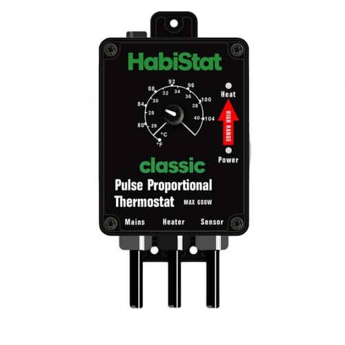 The Habistat High Range Pulse Proportional Thermostat Classic Black Reptile Stat is used for the precise temperature control of higher power ceramic heaters and reptile heat mats.