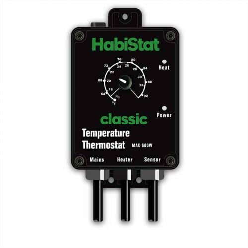 Habistat Temperature Thermostat with black casing with setting dial which is calibrated for Fahrenheit and Celsius and separate power and heat light indicators.