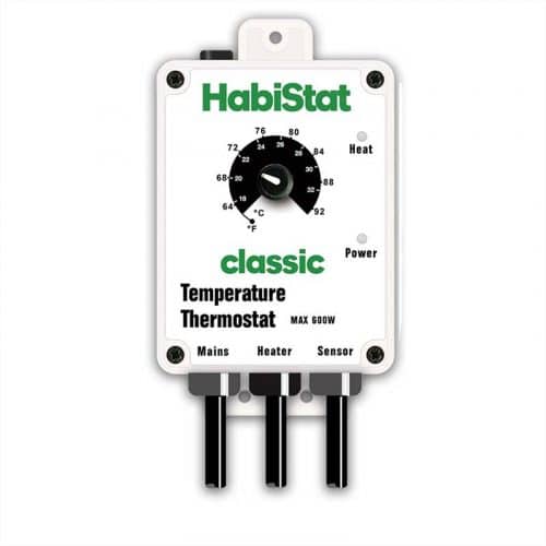 Habistat Temperature Thermostat with white casing with setting dial which is calibrated for Fahrenheit and Celsius and separate power and heat light indicators.