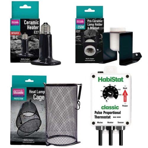 Our specially priced reptile vivarium heating bundle contains an Acradia ceramic heat lamp, Arcadia Pro Holder which fits perfectyl inside the Arcadia Heat Lamp guard. Complelting the bundle is a White Habistat High Range Pulse Proportional Thermostat.