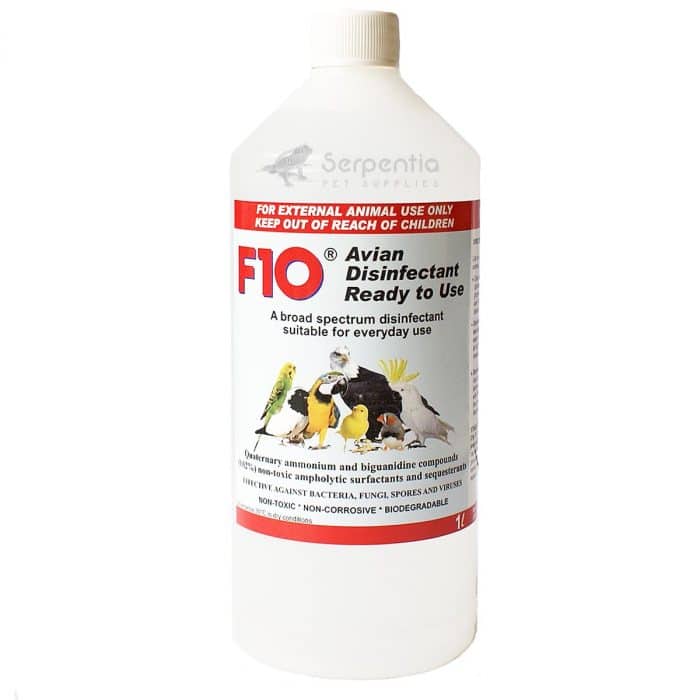 F10 Avian Disinfectant Ready To Use Refill 1000ml. Specifically formulated to be effective against bacteria, spores, fungi and viruses that affect birds.