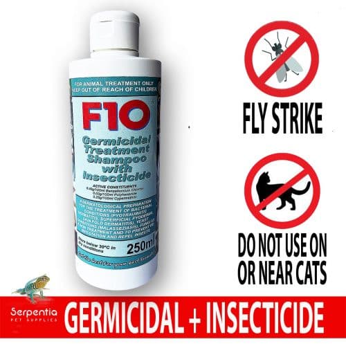 F10 Treatment Germicidal Shampoo with Insecticide, a dermatological treatment shampoo for bacterial condition. It repels flies and insects and prevents re-infestation.