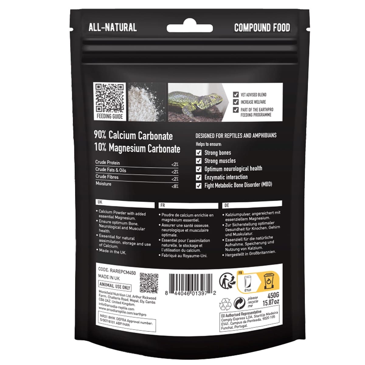 Rear label of Arcadia CalciumPro-Mg 450g showing ingredients and feeding instructions