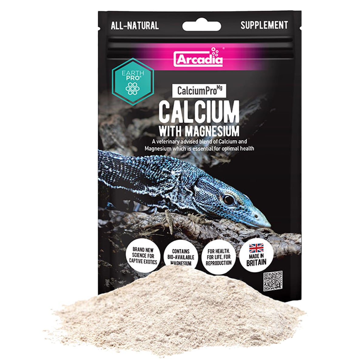 Arcadia CalciumPro-Mg 450g pouch with a pile of calcium and magnesium powder