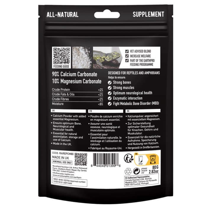 Rear label of Arcadia CalciumPro-Mg 80g showing ingredients and feeding instructions