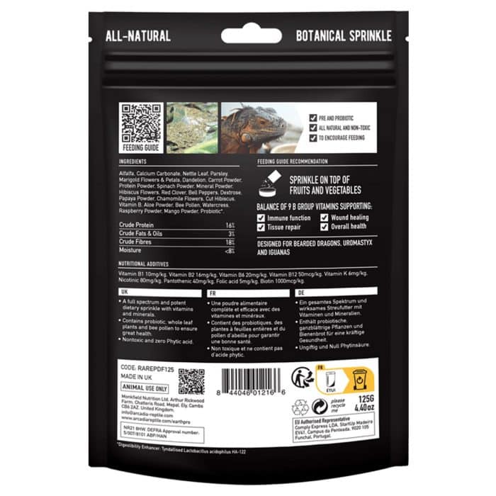 Arcadia EarthPro Dragon Fuel 125g back of pouch with ingredients and feeding information