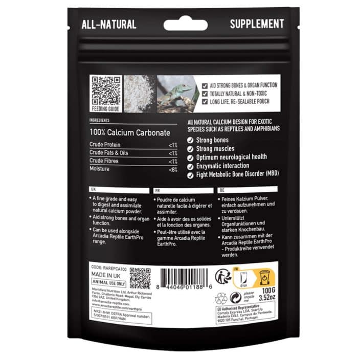 Rear label of Arcadia EarthPro-Ca 100g showing ingredients and feeding instructions