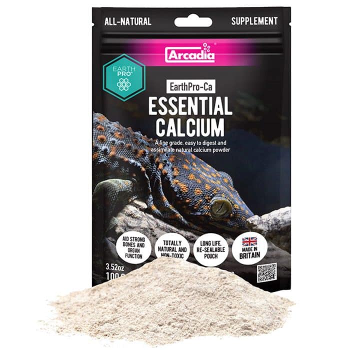 Arcadia EarthPro-Ca 100g pouch with a pile of calcium powder