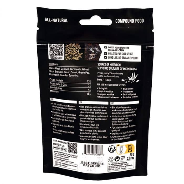Arcadia EarthPro Custodian Fuel 80g feeding instructions and ingredients panel