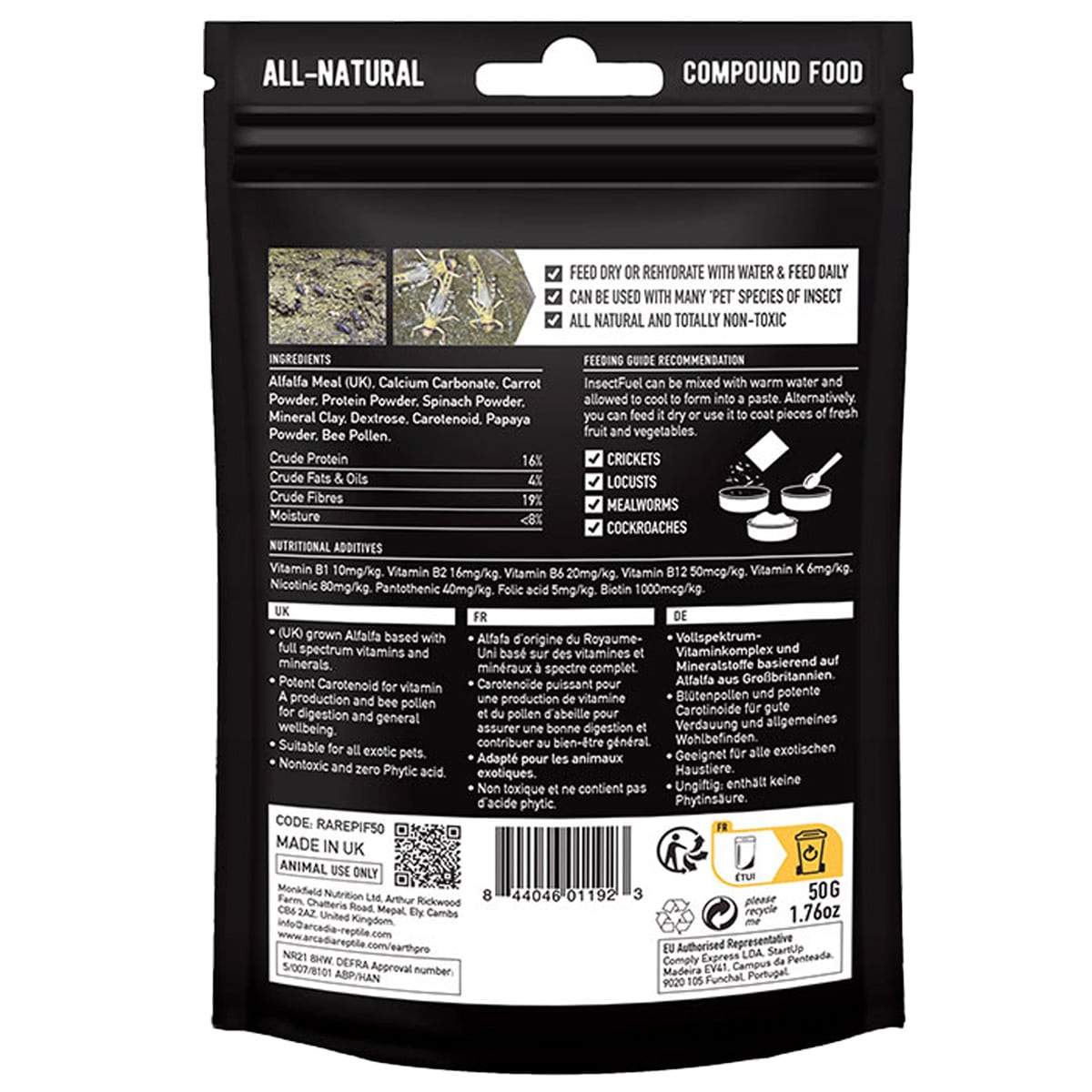 Arcadia EarthPro Insect Fuel 50g ingredients and feeding instructions panel