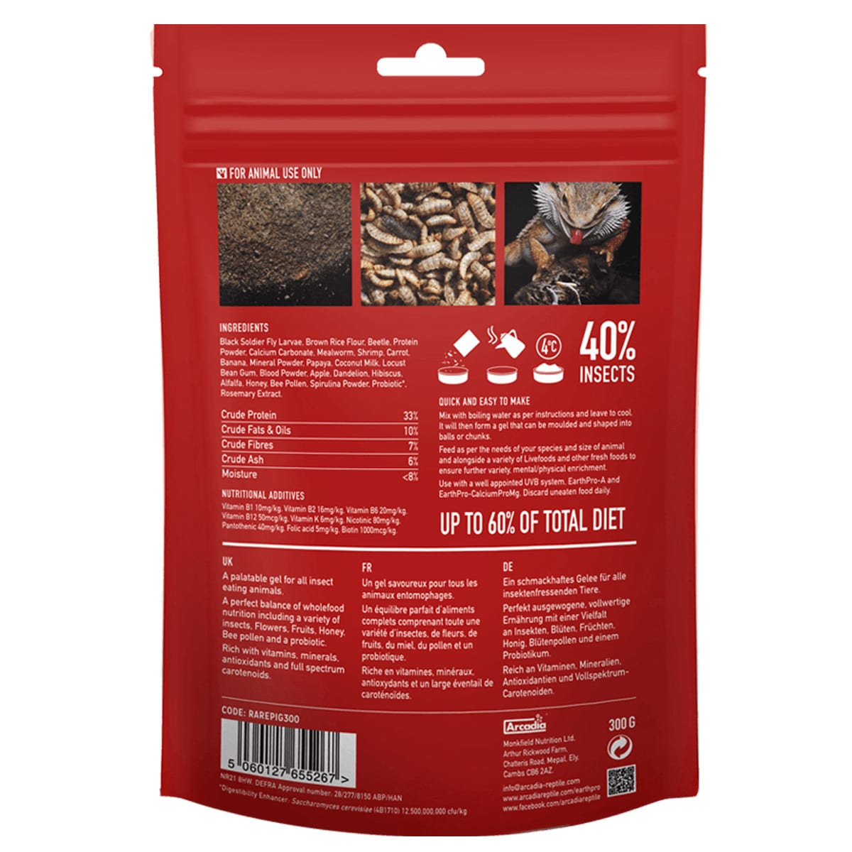 Arcadia EarthPro Insecti-Gold 300g ingredients and feeding instructions