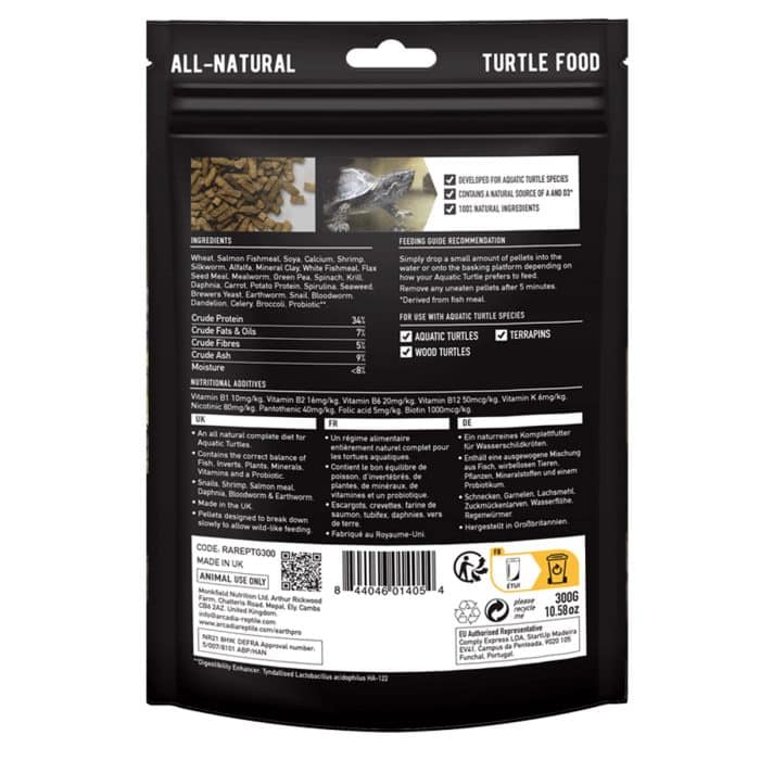 Arcadia EarthPro TurtleGold 300g ingredients and feeding instructions panel