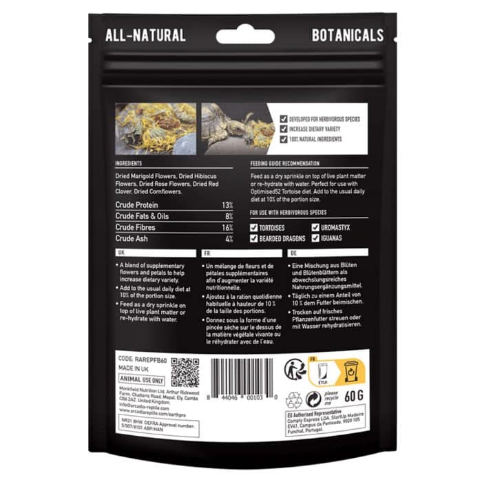 Arcadia EarthPro FlowerBoost 80g back of pouch with ingredients and instructions