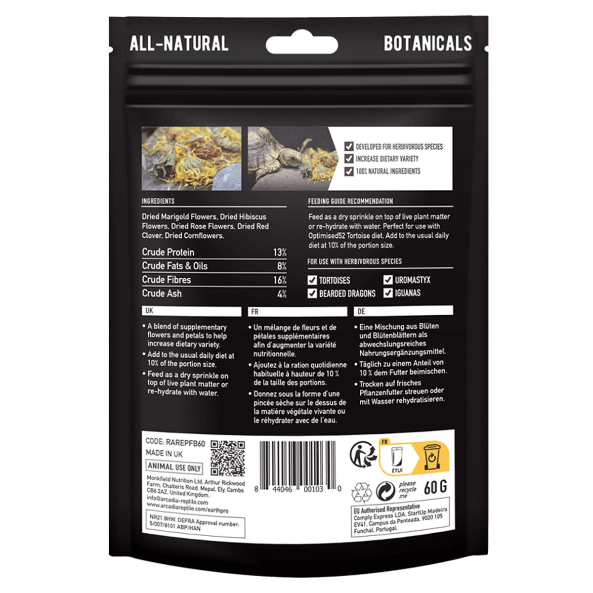 Arcadia EarthPro FlowerBoost 80g back of pouch with ingredients and instructions