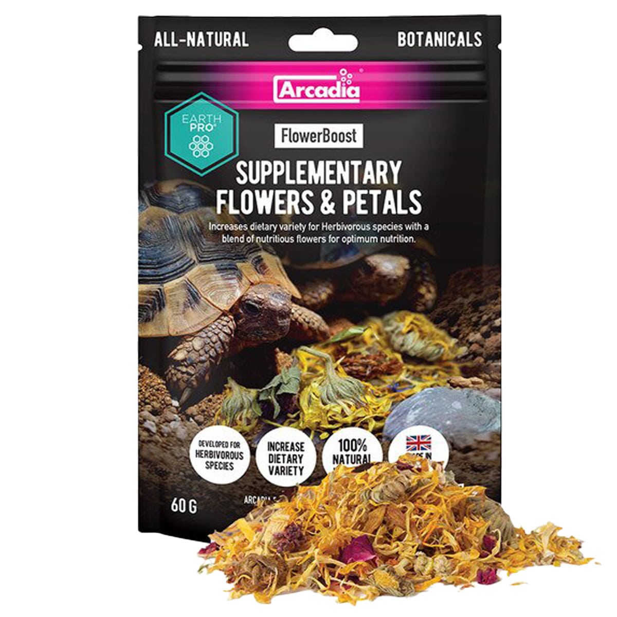 Arcadia EarthPro FlowerBoost 80g pouch with botanical flower mix