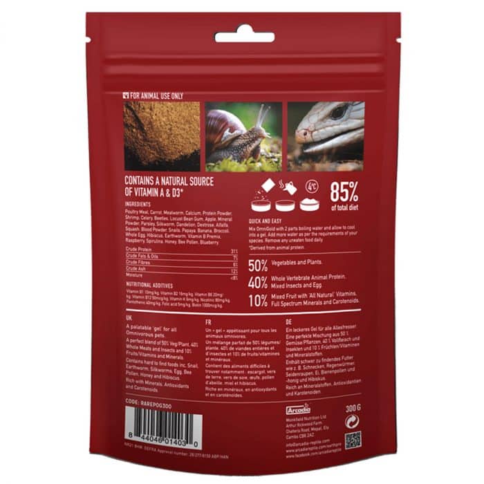 Arcadia EarthPro OmniGold 300g back of pouch with feeding instructions and ingredients