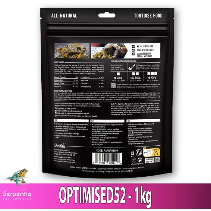 Ingredients and nutrition label for Arcadia Optimised52 Tortoise Food 1000g