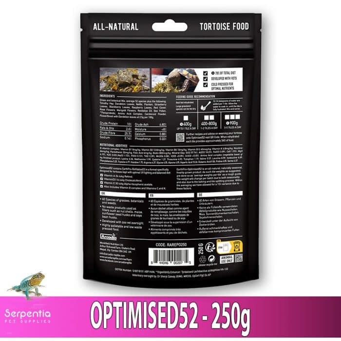 Ingredients and nutrition label for Arcadia Optimised52 Tortoise Food 250g