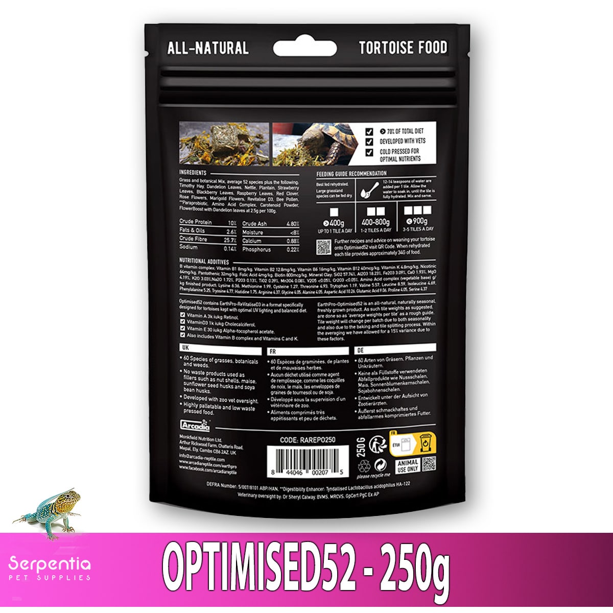 Ingredients and nutrition label for Arcadia Optimised52 Tortoise Food 250g
