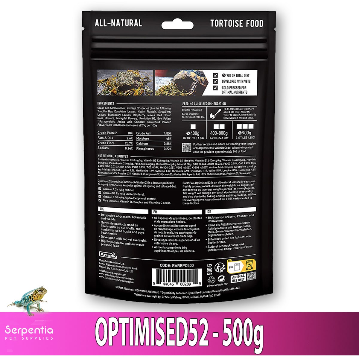 Ingredients and nutrition label for Arcadia Optimised52 Tortoise Food 500g