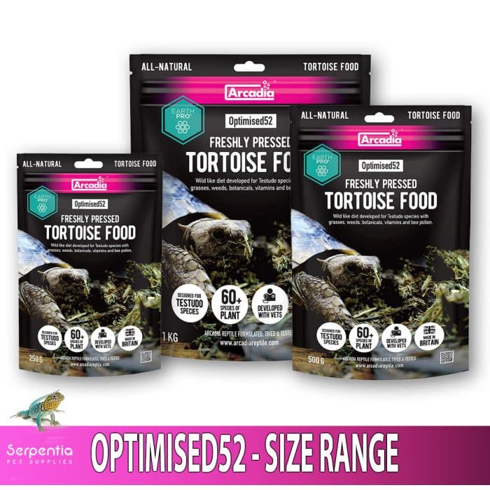 Arcadia Optimised52 Tortoise Food 250g, 500g and 1000g packs together