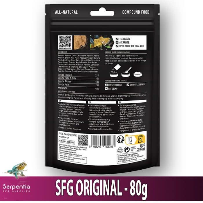 Arcadia Sticky Foot Gold Original 80g pouch for crested geckos - back of pack