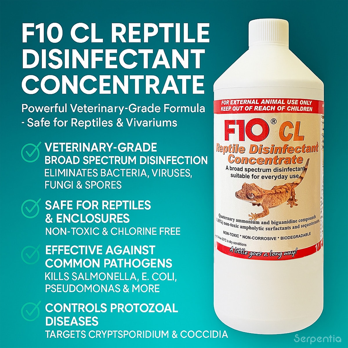 F10 CL Reptile Disinfectant 1 Litre infographic showing key features and benefits