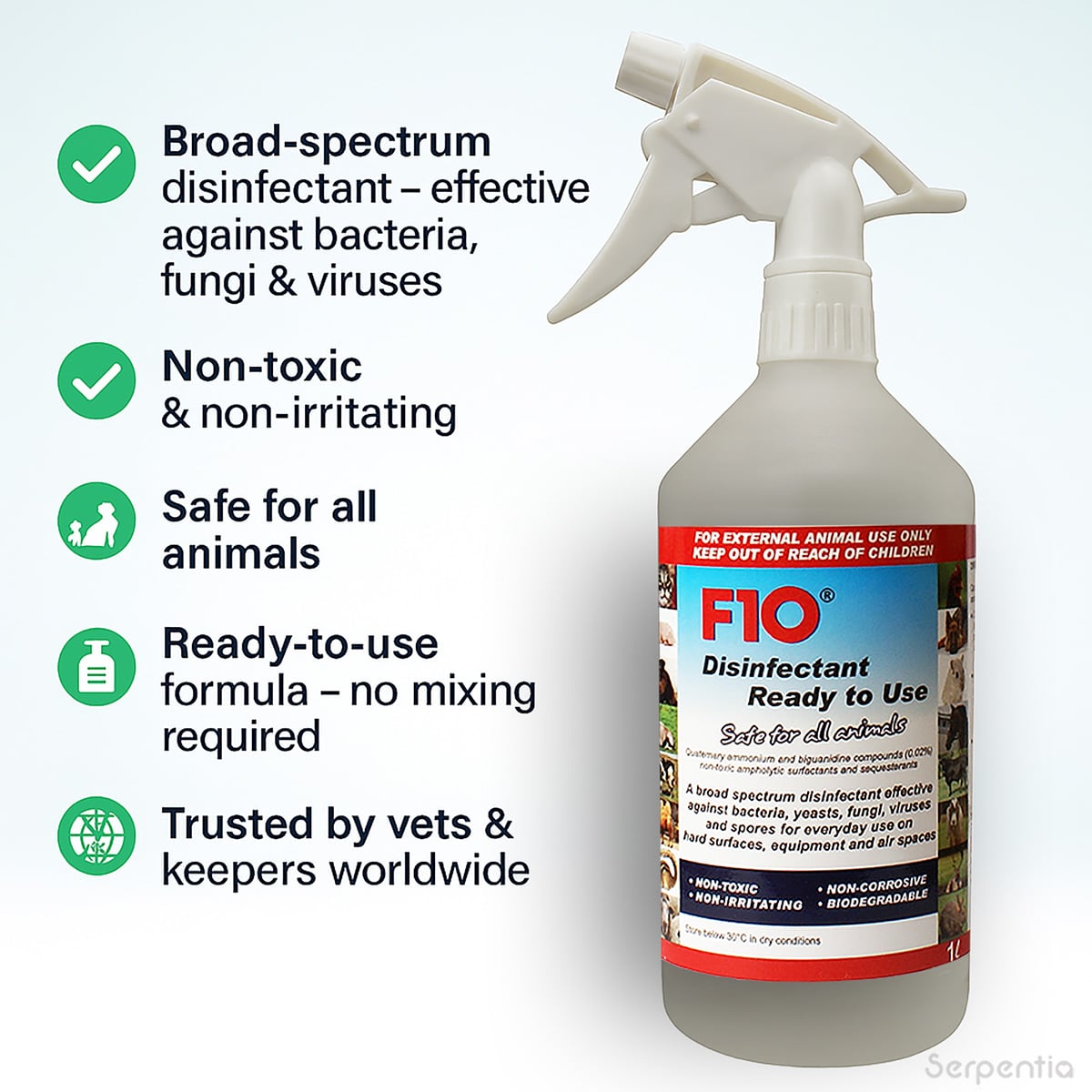 F10 SC Ready To Use Disinfectant Spray 1 Litre infographic showing key features and benefits