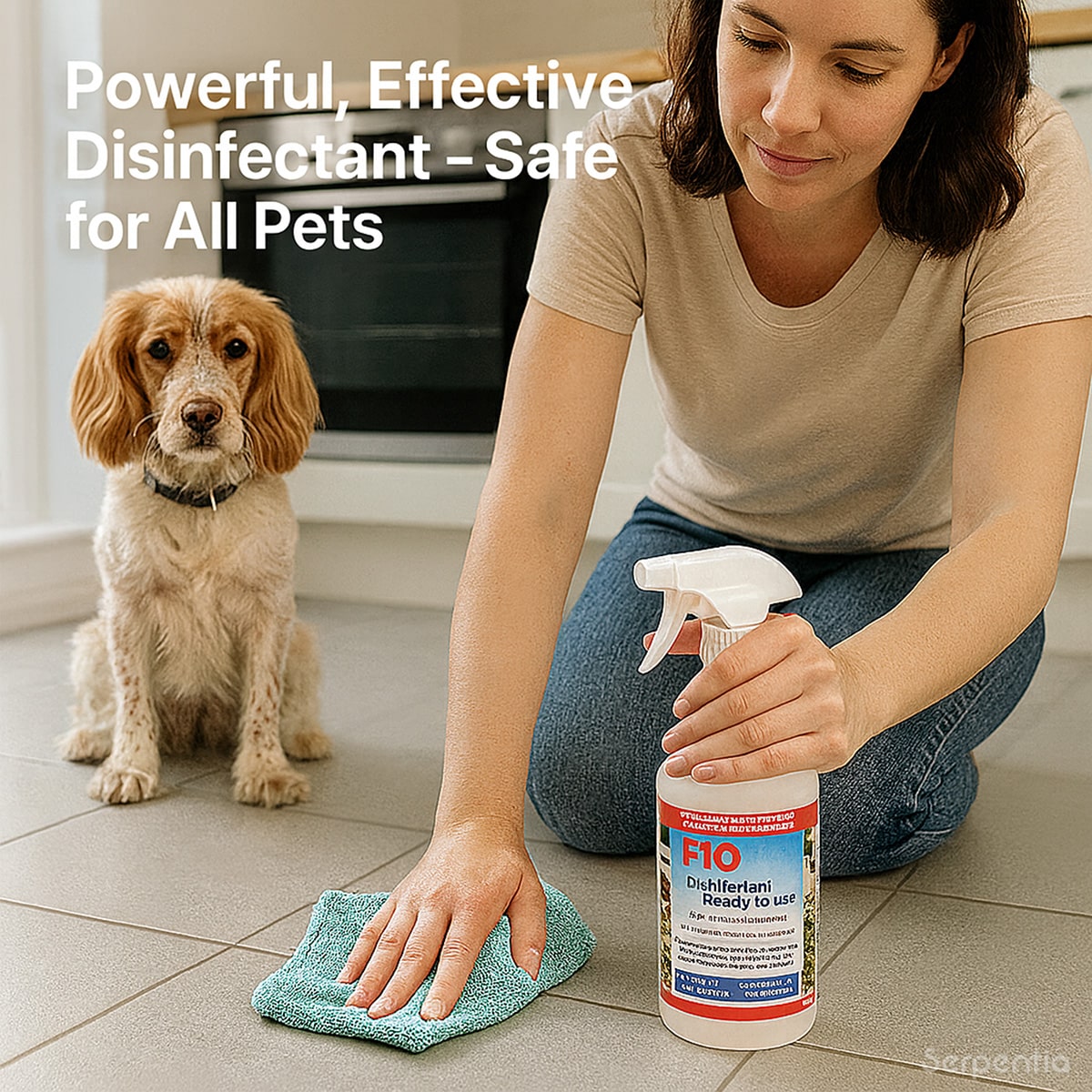 Woman using F10 SC Ready To Use Disinfectant Spray while cleaning with pet spaniel watching
