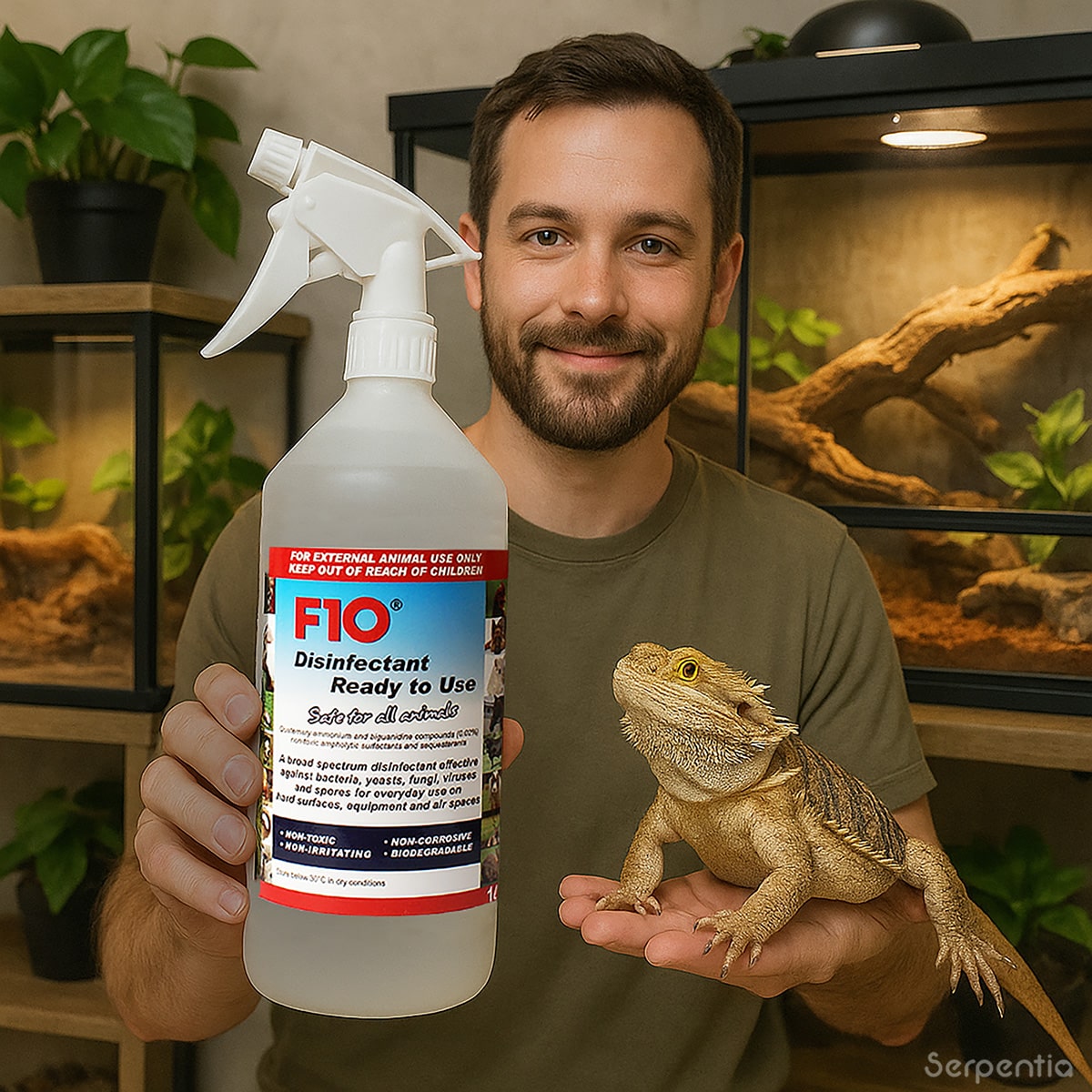 Keeper using F10 SC Ready To Use Disinfectant Spray with bearded dragon vivariums in background