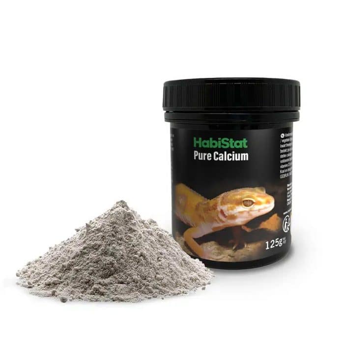 HabiStat Pure Calcium 125g with a pile of calcium powder