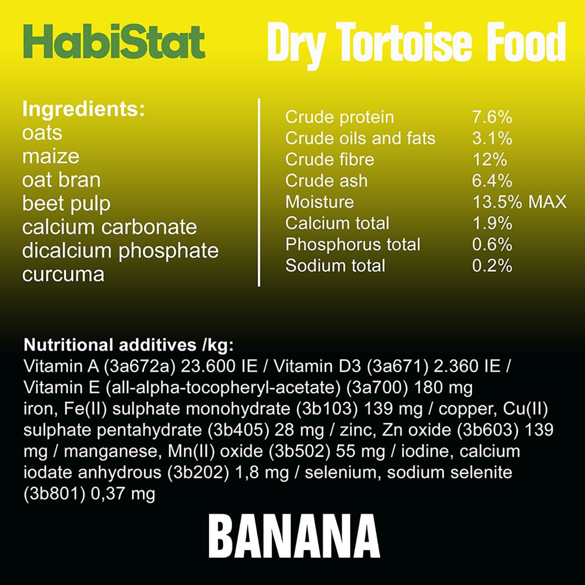 HabiStat Tortoise Food Banana 800g feeding instructions and ingredients label