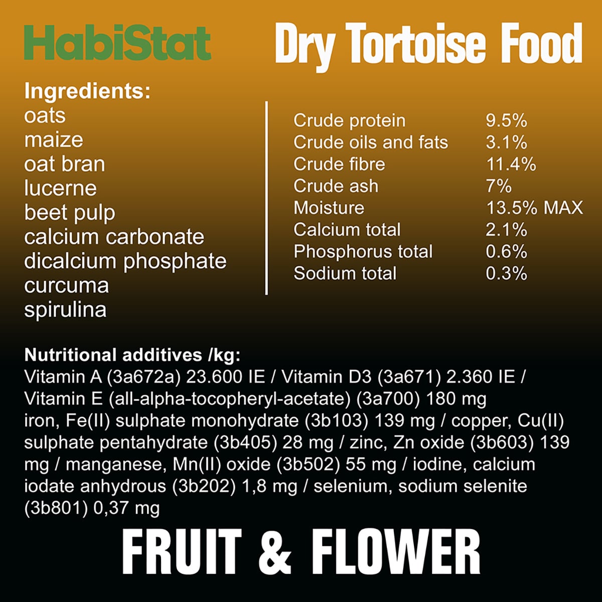 HabiStat Tortoise Food Fruit & Flower 800g ingredients and analysis label