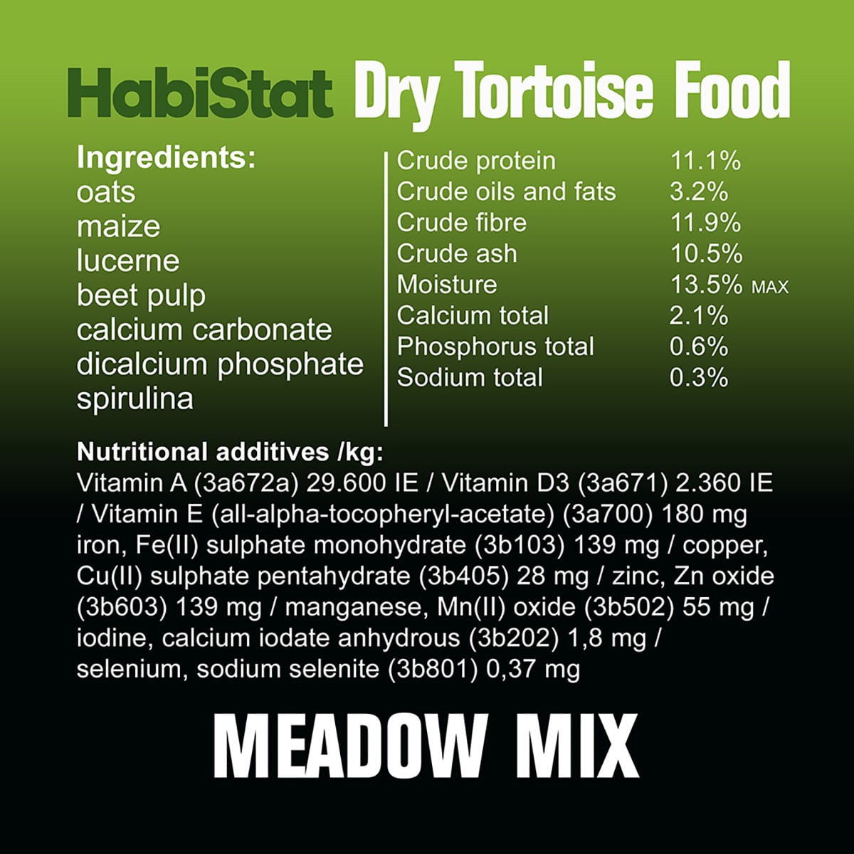 HabiStat Tortoise Food Meadow Mix 800g ingredients and nutrition label