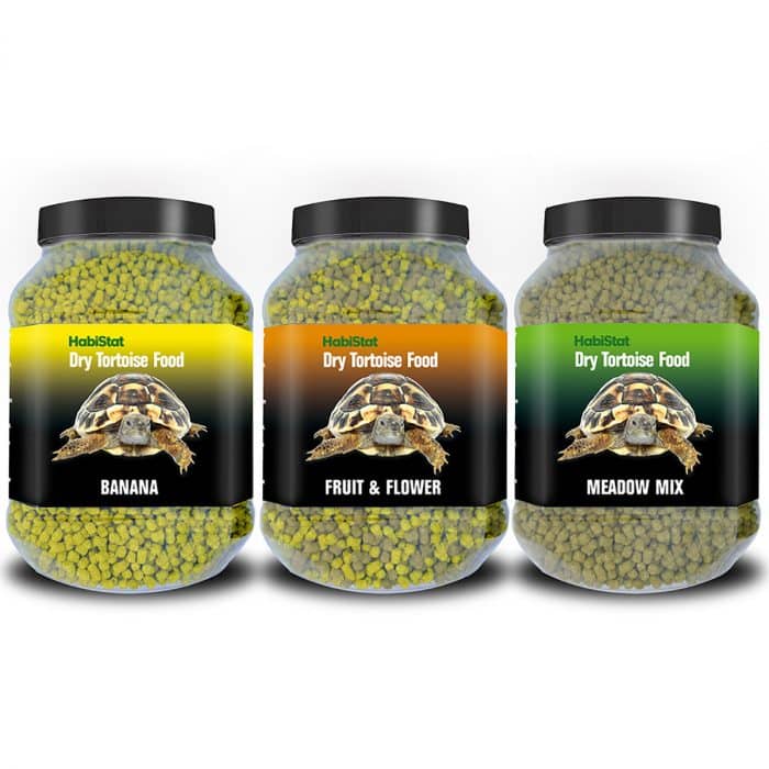 HabiStat Tortoise Food Banana, Fruit & Flower, and Meadow Mix 800g jars together