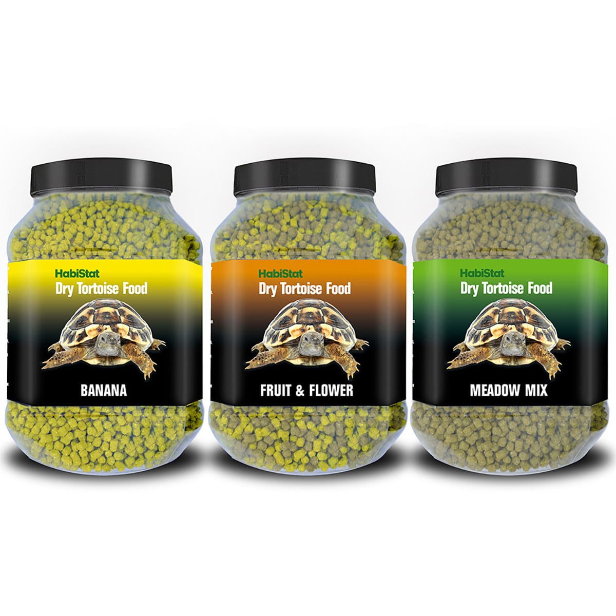 HabiStat Tortoise Food Banana, Fruit & Flower, and Meadow Mix 800g jars together