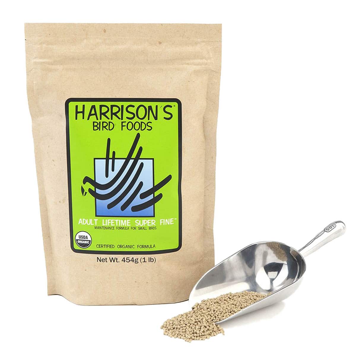 Harrison’s Adult Lifetime Superfine 454g bag with metal scoop of superfine organic bird pellets.