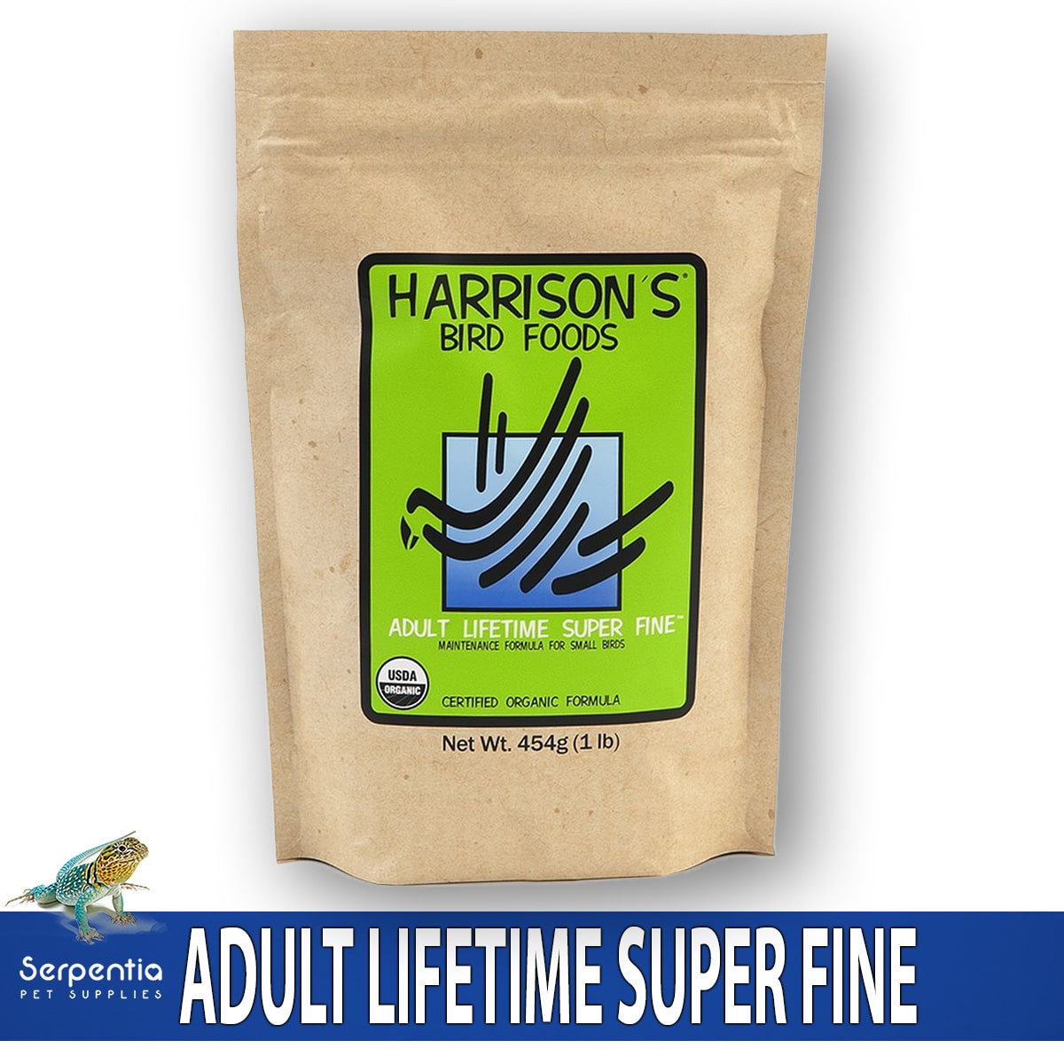 Harrison’s Adult Lifetime Superfine 454g organic bird food – Serpentia hero image of the bag.