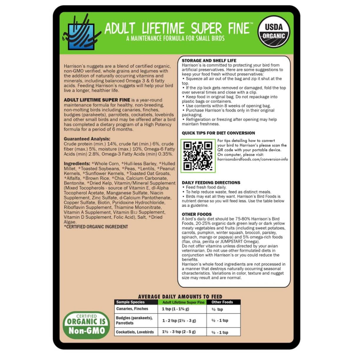 Back label of Harrison’s Adult Lifetime Superfine 454g showing feeding directions and product information.