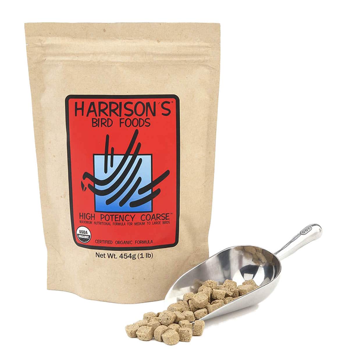 Harrison’s High Potency Coarse 454g bag with scoop of coarse organic parrot pellets.