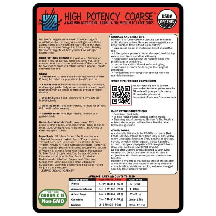 Back label of Harrison’s High Potency Coarse 454g showing feeding directions and product details.