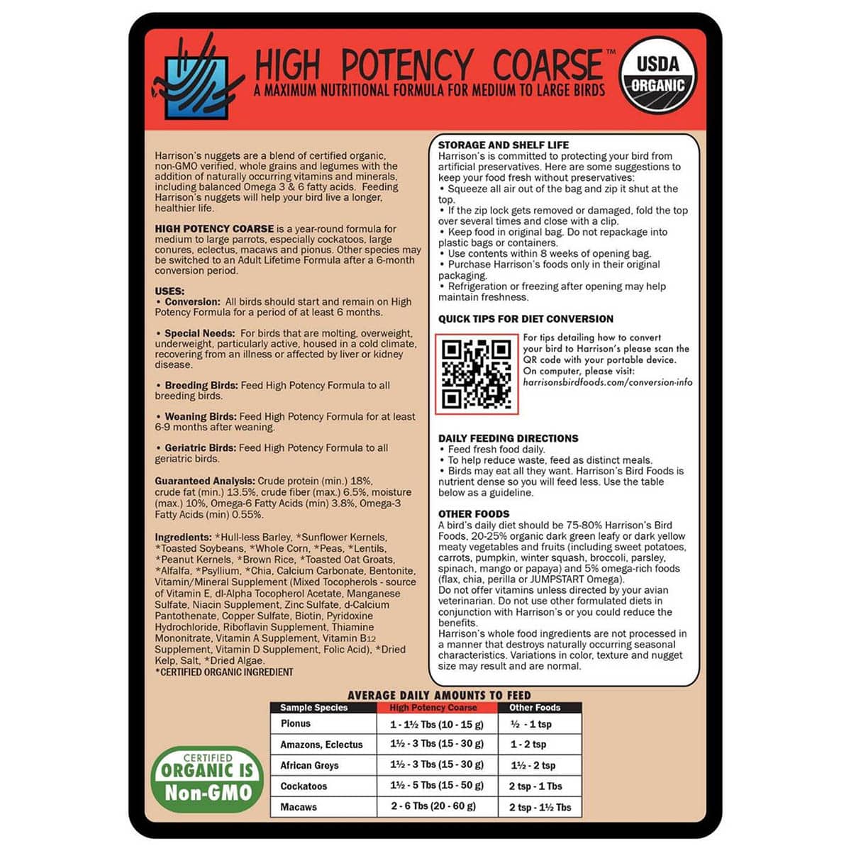 Back label of Harrison’s High Potency Coarse 454g showing feeding directions and product details.