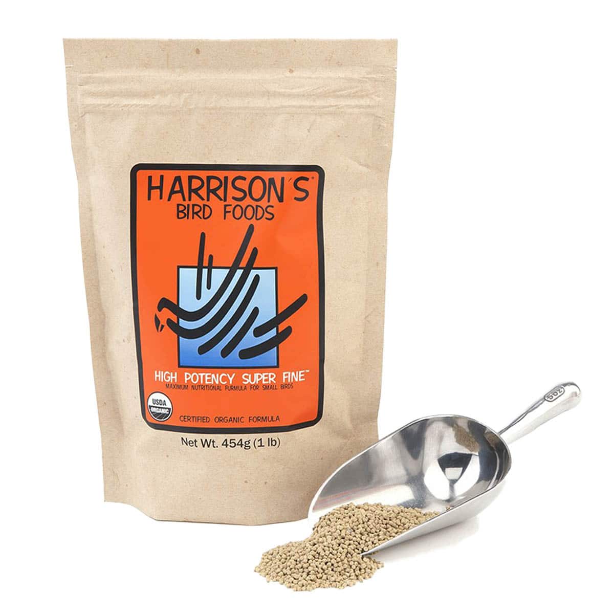 Harrison’s High Potency Superfine 454g bag with scoop of superfine organic pellets.