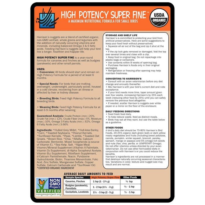Back label of Harrison’s High Potency Superfine 454g with feeding directions.