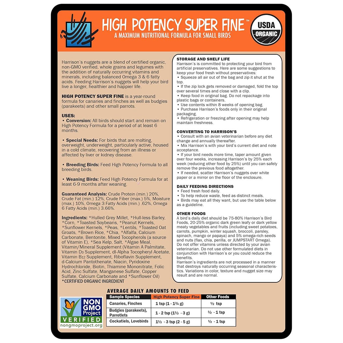 Back label of Harrison’s High Potency Superfine 454g with feeding directions.