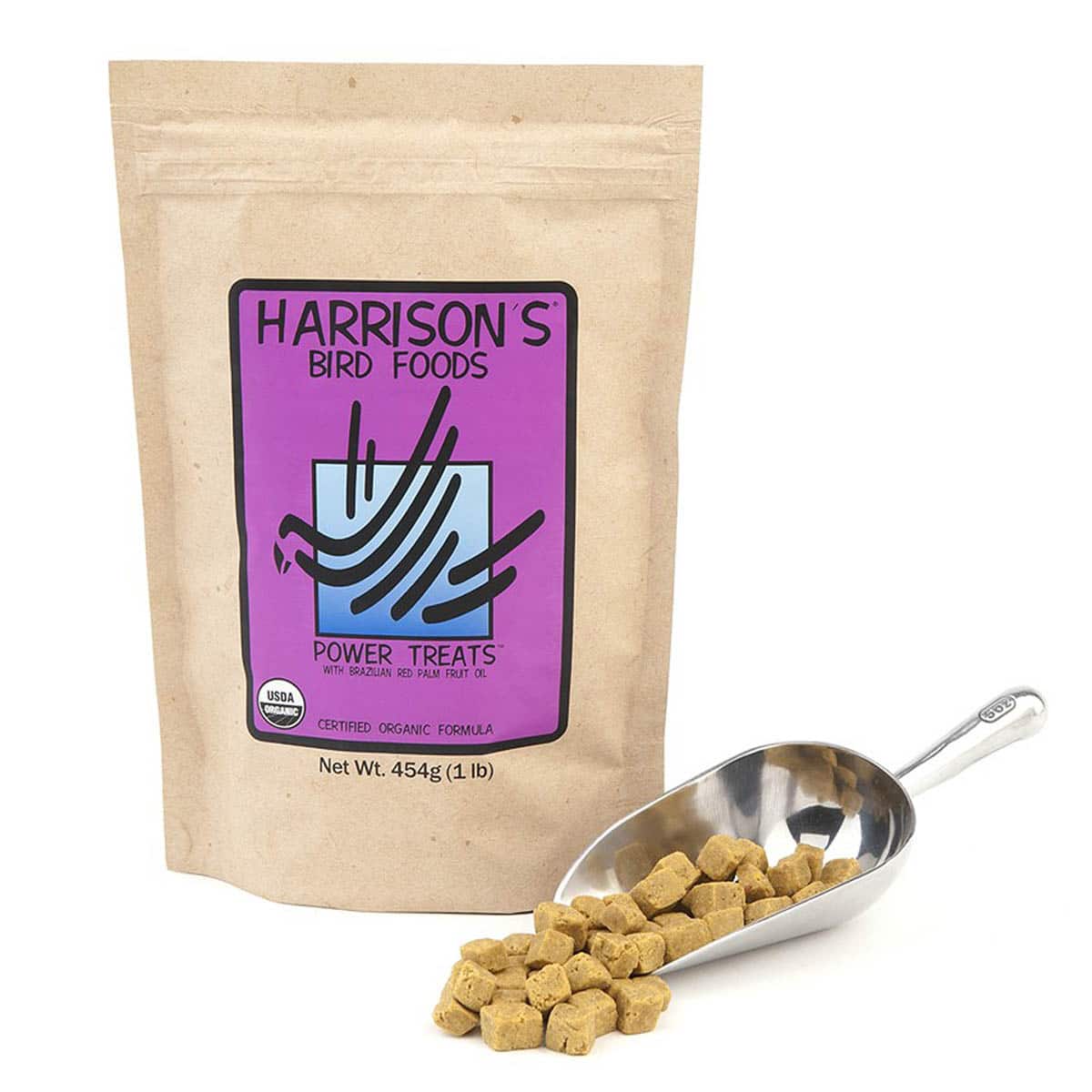 Harrison’s Power Treats 454g bag with coarse organic treat pieces.