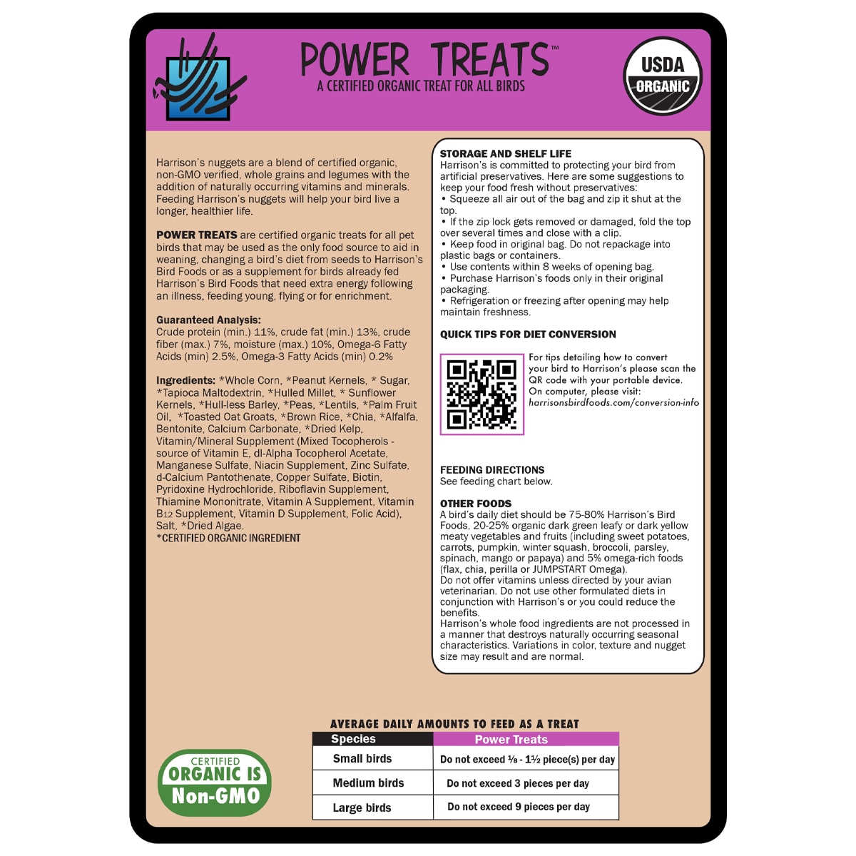 Back label of Harrison’s Power Treats 454g showing feeding directions and product details.