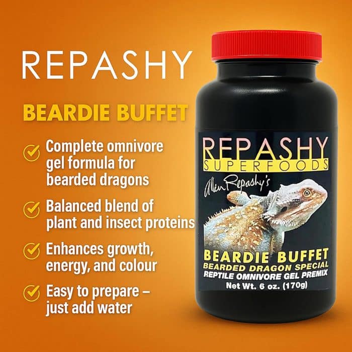 Repashy Beardie Buffet 170g infographic showing key benefits and product jar